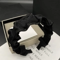 Elegant wide black pleated sponge headband with premium fabric texture for women - Wide Pleated Embossed Style / Black