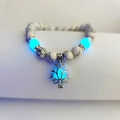 Luminous lotus bead bracelet with white marble stones and blue glowing yoga energy beads - White Turquoise Blue Glow