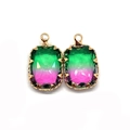 Close-up of dual gradient green to pink faceted crystal pendants with gold metal frames - 11x18mm / No. 13 (Green Pink Gradient)