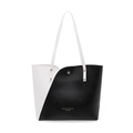 Minimalist black and white patchwork leather tote bag with thin double straps and gold stud - Black