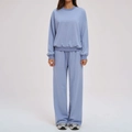 Women's light blue casual sweatsuit set featuring crewneck sweatshirt and wide-leg joggers - L / Grey-Blue (Long Pants Set)