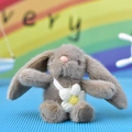 Close-up of a cute grey plush rabbit pendant with a white flower accessory - Ball Chain (Flower Bag Style) / 15cm / Gray