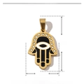 Technical drawing showing 34x18mm gold Hamsa Hand pendant size and weight details - YE727-Gold Black White Hamsa Hand