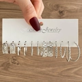 6-piece set of silver geometric hoop earrings with varied textures on display card - 6 Pairs Set-Silver Twist Hammered Texture