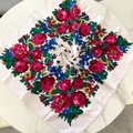 Detailed overhead shot of square white floral scarf with roses and ethnic pattern - 70x70cm / White