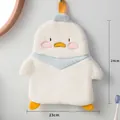 Cute duck hanging hand towel in white coral fleece, size 23x24cm with orange lanyard - Cute Duckling / White