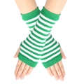 Detailed knit texture of green and white striped fingerless gloves worn by a person - One Size / Green And White Striped (14)