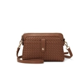 Brown woven crossbody bag with gold hardware and adjustable strap on white background - Dark Brown