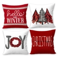 Set van 4 kerstkussenhoezen met boom- en sneeuwvlokprints op linnen textuur - Kerstboom JOY Set van 4