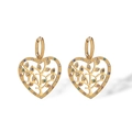 Macro detail of gold tree of life earrings with colorful zircon heart shaped design - Gold Heart Tree of Life