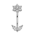 Piercing de nombril argenté avec zircons en forme de fleur et feuille sur fond blanc - Style 7