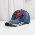 Denim baseball cap in navy blue with rhinestones and pink sequin flower pattern - M (56-58cm) / Dark Blue Rhinestone Floral Style (4号款)