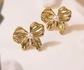 Elegant gold bow earrings with pleated texture and centered white pearl accents - ED12-Pleated Bow Pearl