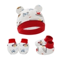 Set neonato cappello guanti calzini bianco con stampe di auto e bordi rossi a contrasto - Set da 3 Pezzi Escavatore Cartone Animato