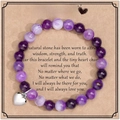 Natural stone bead friendship bracelet in purple with heart charm on gift card - Purple Agate + To My Sister Card