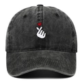 Washed black denim baseball cap with heart finger embroidery and vintage adjustable fit - Black