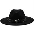 Classic black faux suede cowboy hat with ethnic band and silver bull skull accessory - M (56-58cm) / Black
