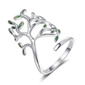 Silver open ring with branch design and green enamel leaves for a nature-inspired style - Silver/Green (01树枝DZ-903)