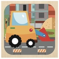 Wooden 3D loader puzzle for kids featuring a colorful construction truck and wood grain - Bulldozer