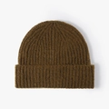 Bonnet en maille côtelée pour femme vert olive foncé avec large bordure repliée - Taille unique / café