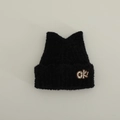 Detailed view of black plush cat ear hat with ok! letter embroidery and knit texture - 3-10 Years / OK-Black