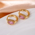 Golden hoop earrings with oval pink zircon in vintage beaded setting for women - Oval Zircon / Pink