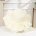 Detailed view of the wide-brimmed straw hat featuring a delicate lace bow and wavy edges - Plum Wave Creamy White