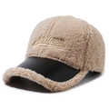 Khaki lamb wool baseball cap with black leather brim and gold Andyou embroidery - Adjustable / Light Beige