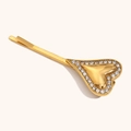 Elegant 18K gold plated stainless steel heart hair clip with sparkling white zircons - Gold 3D Heart Rhinestone Hair Clip