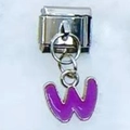 Italian modular charm bracelet link featuring purple enamel letter W on silver base - Letter W