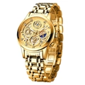 Reloj de acero dorado con movimiento de esqueleto y fases lunares para hombre - Caja Dorada y Esfera Dorada Correa de Acero