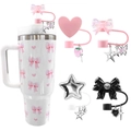 Copri cannuccia per Stanley Cup con cuori rosa, fiocchi e stelle glitterate - Set Fiocco Cuore Rosa