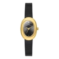 Montre femme ovale dorée élégante avec bracelet en cuir noir et cadran minimaliste épuré - Cadran Noir Bracelet en Cuir Noir