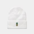 Close-up of white knitted beanie featuring detailed yellow and green pineapple embroidery - Pineapple / White