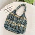 Detail of plush shoulder bag showing blue geometric pattern and soft faux fur texture - Rhombus Green Grid