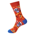 Orange Socken zum Tag der Toten mit blauen Akzenten und Cartoon-Totenkopf mit gelbem Hut - 1392-Orangeroter Cartoon-Schädel