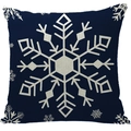 Dark blue linen Christmas pillowcase featuring large white snowflake holiday prints - A06