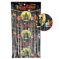 Tenda a frange nera di Halloween con scritta Happy Halloween e icone di zucche - Casa Stregata