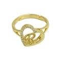Golden heart-shaped open ring with cursive letter R and sparkling zircon stones - Adjustable Open / Letter R