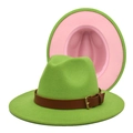 Detail of wide brim fedora hat featuring contrast green exterior and pink lining - M(56-58cm) / Fruit Green + Pink