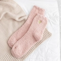 Plush coral fleece pink house socks with golden heart embroidery for winter warmth - Pink