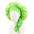 Grass green satin hair bonnet with wide elastic headband and adjustable long ribbons - Fruit Green