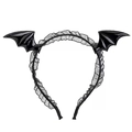 Detail of black bat wing headband with ruffled lace accents for Halloween parties - Black Bat Lace Headband