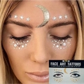 Face art tattoos with gold and silver stars and crescent moon for festival makeup - Style 6