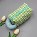 Green and white checkered quilted makeup bag with blue plush MELODY handle - Green-Small