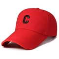 Red cotton baseball cap featuring black embroidered letter C in a classic 45-degree side view - C Logo Red