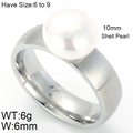 Silver stainless steel band ring with 10mm white shell pearl and brushed finish texture - US 6 / Brushed Steel 6mm Wide (KR46048-K)