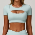 Sporttop met korte mouwen en uitsparing met V-taille yoga legging in licht mintblauw - S / Crèmegroen