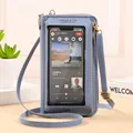 Morandi blue touchscreen crossbody phone bag with pebble leather and gold zipper - Blue