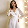Elegant white V-neck chiffon dress with translucent long sleeves and rhinestone cuffs - US size 2 (S) / Ivory